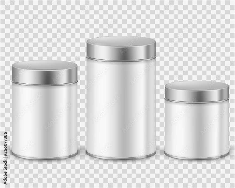 Metal tin can container. Template packaging dry products tea coffee sugar cereals spice powder rounded cans mockup. Realistic vector Metal tin can container. Template packaging dry products tea coffee sugar cereals spice powder rounded cans mockup. Realistic vector