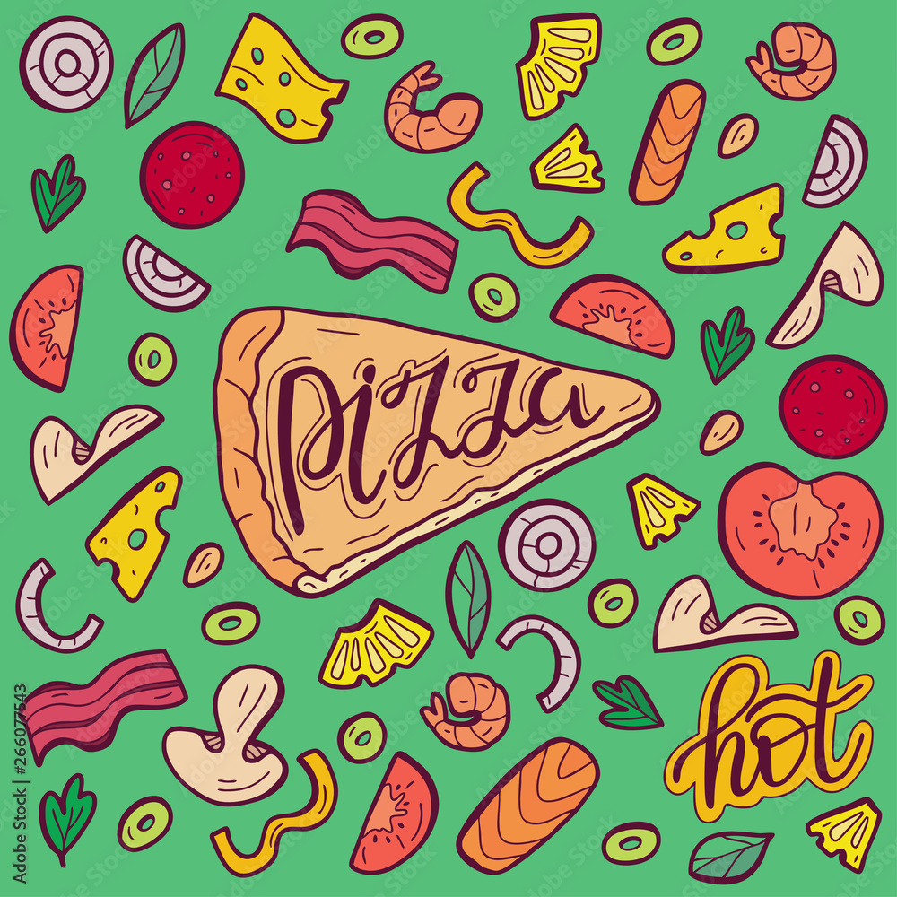 Vector color image of pizza. Slices with various ingredients. Hand drawn vector illustration.