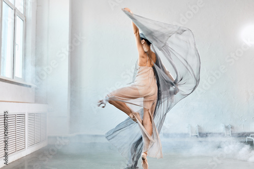 Fototapeta Naklejka Na Ścianę i Meble -  Full size portrait of talanted ballet student woman wears grey fluttering scenic dress giving a performance on a final exam in light studio on white smoky background.