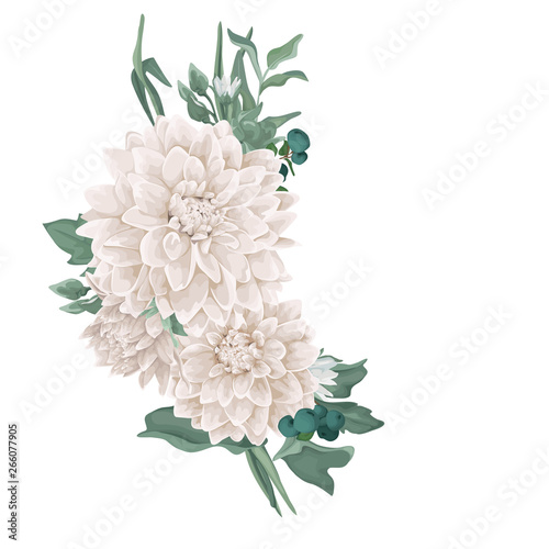 Vector floral bouquet design: chrysantemum, dahlia, greenery, leaves, flower, berry. Wedding vector invitation card. Perfect for background greeting cards of the birthday, Valentine's, Mother's Day.