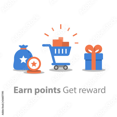 Earn points for purchase, loyalty program, reward concept, full shopping cart, redeem gift
