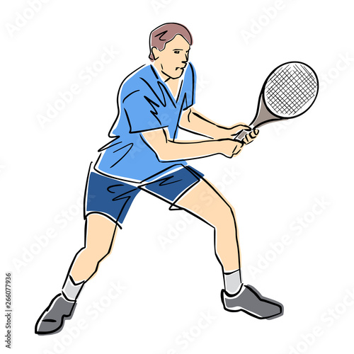 Male tennis player with racket. Vector flat illustration. Isolated black contour and colors. Colorful abstract cartoon. Athlete in active pose. Man is playing tennis. Professional sport or hobby.