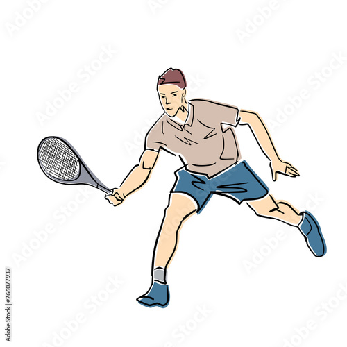 Male tennis player with racket. Vector flat illustration. Isolated black contour and colors. Colorful abstract cartoon. Athlete in active pose. Man is playing tennis. Professional sport or hobby.