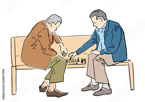 Two old men playing chess on the bench. Vector flat illustration. Isolated black contour and colors. Line drawing. Intellectual hobby. Leisure activity. Vector colorful illustration.