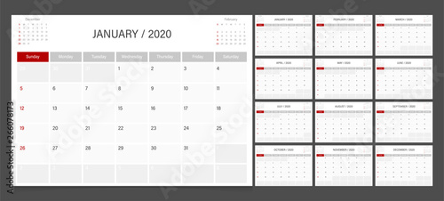 2020 calendar planner design template vector week start Sunday..