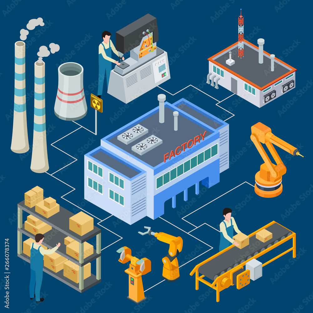 Isometric factory with robotic machinery workers smokestack vector flowchart illustration. Production machinery industry machine factory conveyor Stock Vector Adobe Stock