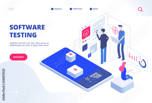 Software testing. Online computer test inspection application bug fixing prototype system website development service vector concept. Digital test coding process, software development illustration