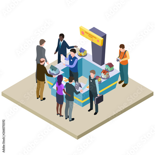 Real Estate exhibition isometric vector illustration. Exhibition architecture 3d, building model