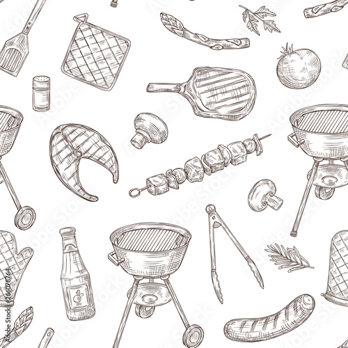 Barbecue seamless pattern. Sketch barbeque chicken grill vegetables fried steak meat picnic party vintage bbq food vector texture. Illustration of bbq grill party, chicken steak barbecue