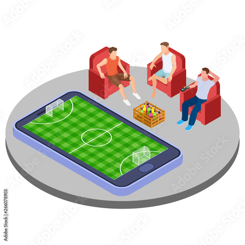 Men with beer watch football online isometric vector illustration. Watch sport match soccer isometric 3d smartphone