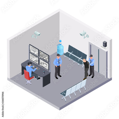 Security room in airport, railway or bus station isometric vector concept. Illustration of security room control, video monitor and guard