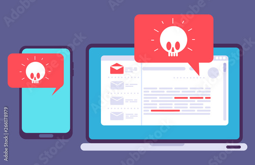 Virus on laptop and phone, vector illustration of hacker attack. Danger virus alert, attack and theft to laptop or smartphone