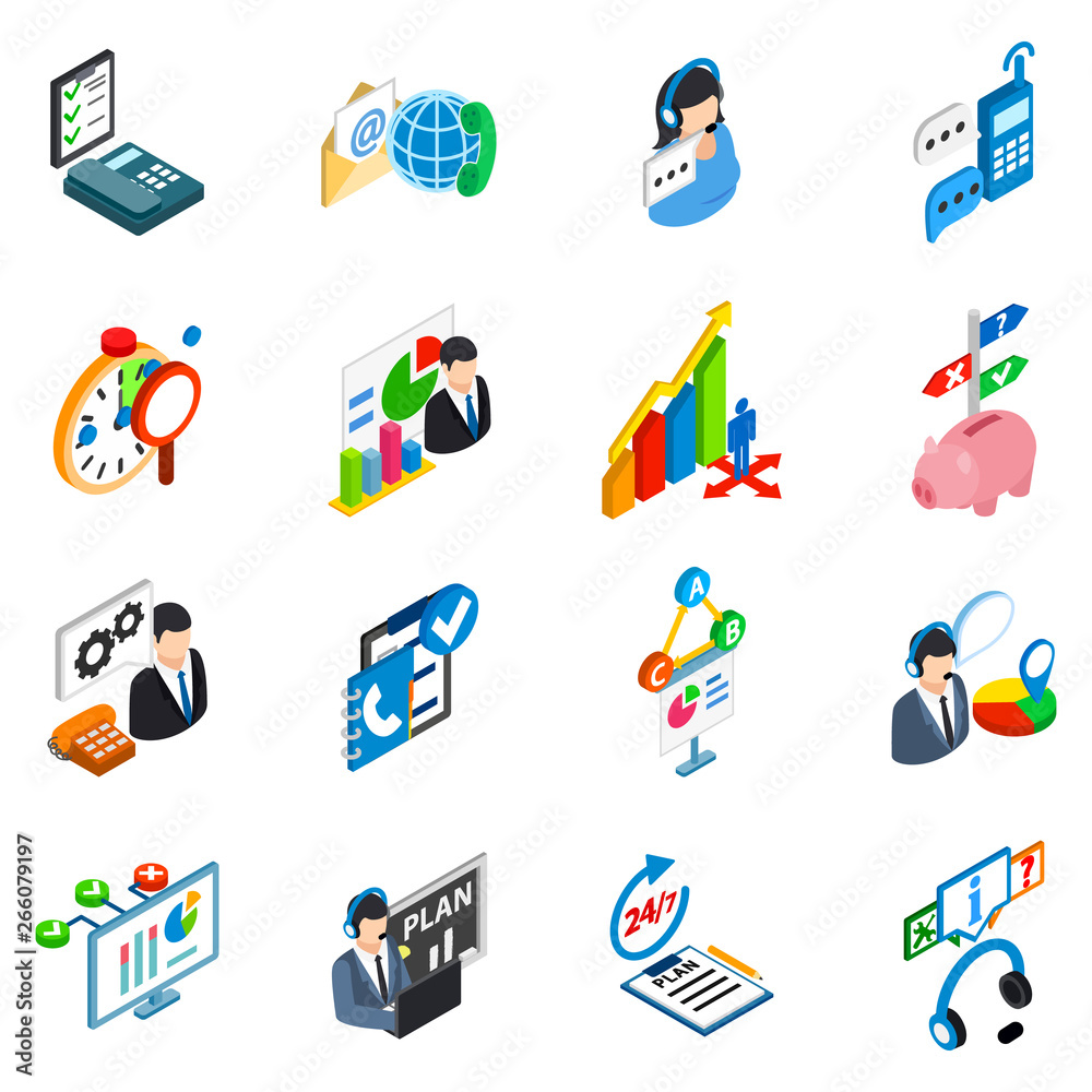 Fototapeta premium Service support icons set. Isometric set of 16 service support vector icons for web isolated on white background