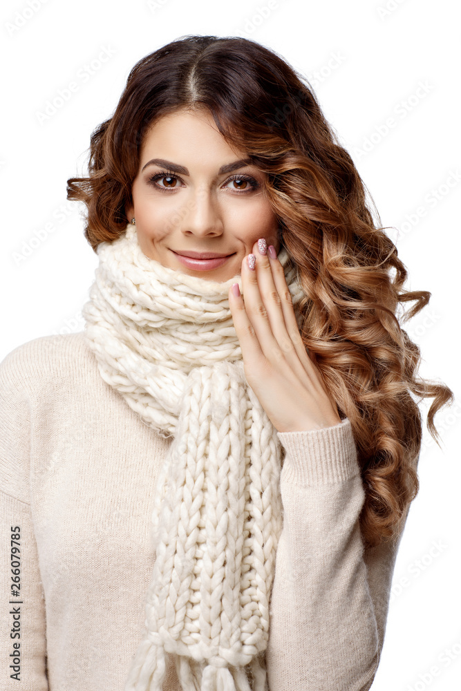 Beautiful young woman in knitted wool sweater smiling Beautiful young woman in knitted wool sweater smiling