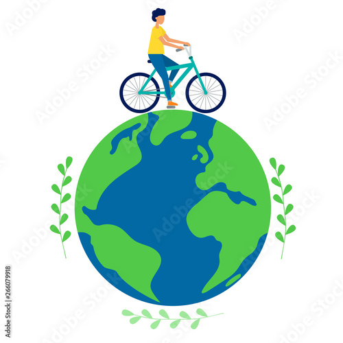 Man rides a bicycle. World Environment Day. Save energy. Earth Day vector illustration. Flat style.