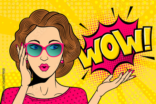 Pop art surprised female face. Comic woman in glasses with WOW! speech bubble. Retro pink dotted background. Stock vector illustration for discount or party invitation poster.
