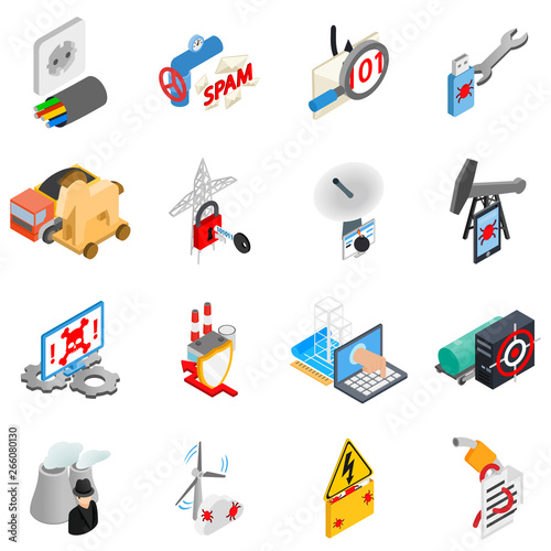 Hacking electricity icons set. Isometric set of 16 hacking electricity vector icons for web isolated on white background