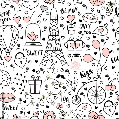 Canvas Print Seamless pattern with hand drawn objects for Valentines day.