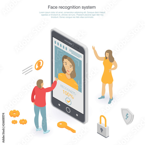 Face recognition concept background. Isometric illustration of face recognition vector concept background for web design