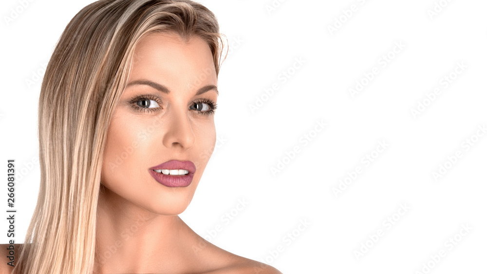 Beauty Woman face Portrait. Beautiful Spa model Girl with Perfect Fresh Clean Skin. Blonde female looking at camera. Youth and Skin Care Concept. Isolated on a white background