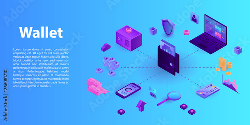 Modern wallet concept banner. Isometric illustration of modern wallet vector concept banner for web design