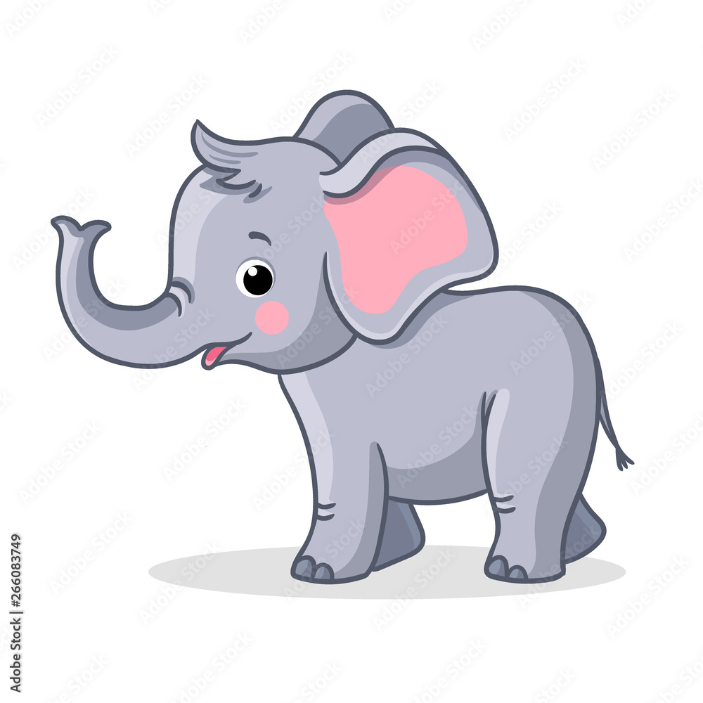 Baby elephant stands and smiles. Vector illustration with cute animal