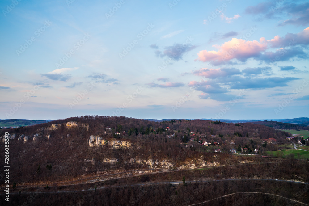Germany, Typical german countryside of swabian alb nature region in spring at dawn Germany, Typical german countryside of swabian alb nature region in spring at dawn