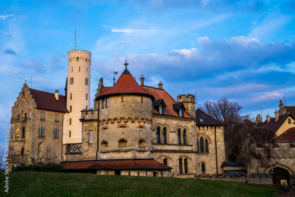 Germany, Lichtenstein castle famous tourist destination in swabian jura nature region in magic afterglow light