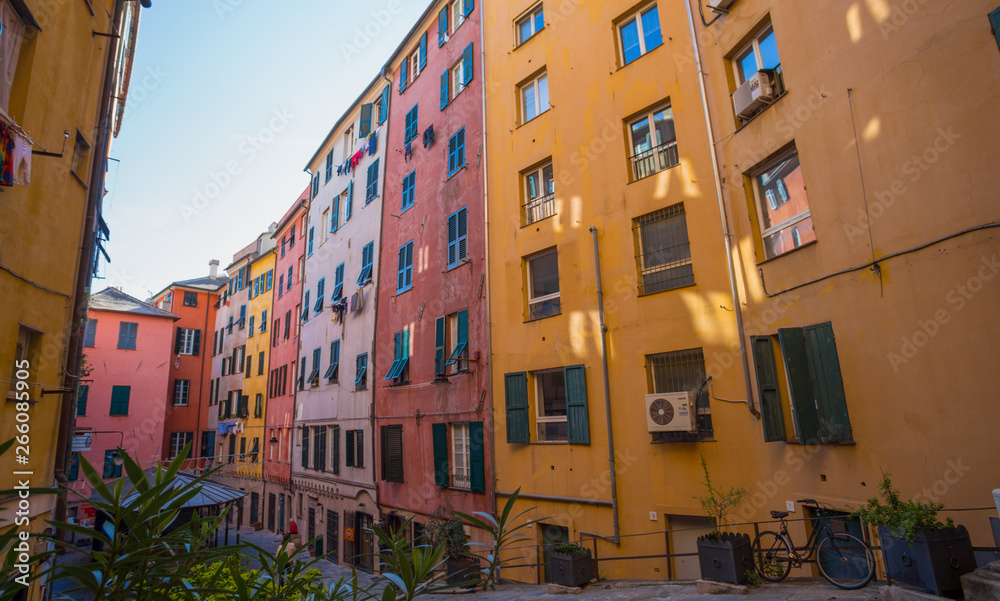 GENOA, ITALY, APRIL 29, 2019 - Santa Brigida troughs square (Truogoli di Santa Brigida), one of the most suggestive places in the historic center of Genoa, Italy. GENOA, ITALY, APRIL 29, 2019 - Santa Brigida troughs square (Truogoli di Santa Brigida), one of the most suggestive places in the historic center of Genoa, Italy.
