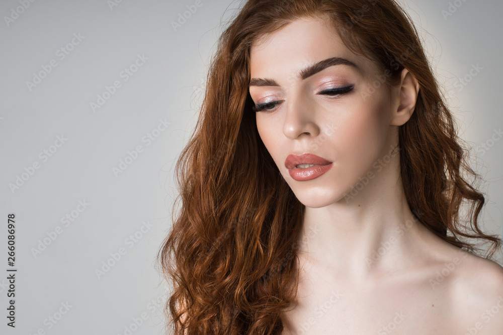 Closeup portrait of girl with lashes. Long beautiful eyelashes and perfect skin. Photo for beauty salon