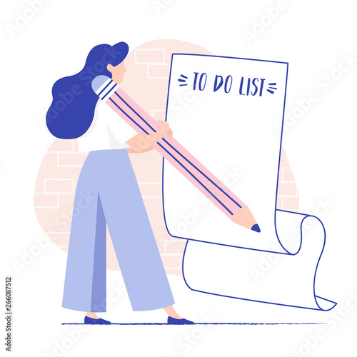 Young woman filling long paper note with to do list and giant pencil. Planning, Project Management, Brainstorming. Flat vector editable illustration.