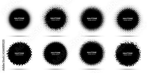 Halftone circle frame abstract dots logo emblem design element set. Half tone circular icon collection. Grunge round border using halftone circle dots raster texture. Vector illustration. 