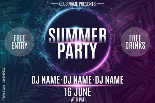 Invitation banner for Summer Party. Abstract neon round banner with flying luminous geometric particles. Palm tree. Dance night party. Plexus style. The names club and DJ. Vector illustration.