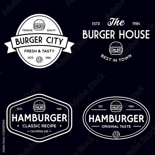 Set of badges, banner, labels and logo for hamburger, burger shop. Simple and minimal design. Vector illustration.