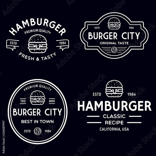 Set of badges, banner, labels and logo for hamburger, burger shop. Simple and minimal design. Vector illustration.