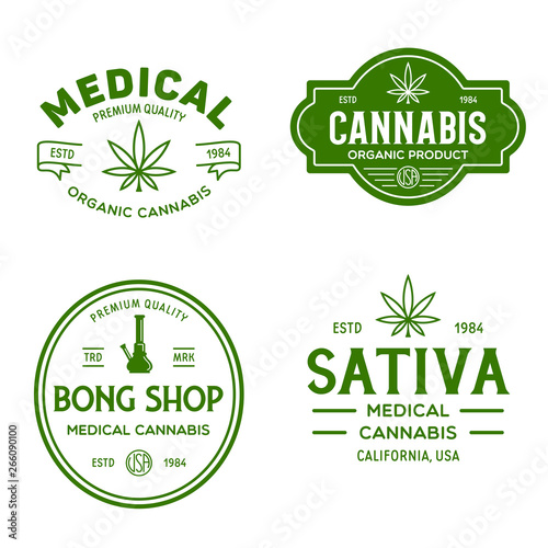 Set of Modern vintage cannabis logo labels badges templates. Medical marijuana logotypes.