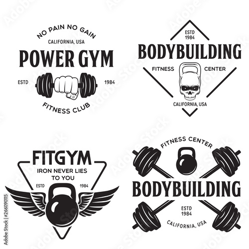 Set of monochrome fitness emblems, labels, badges and designed elements. Vintage bodybuilding logo templates.