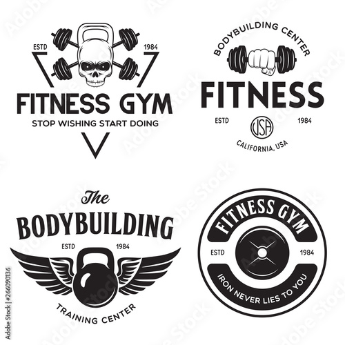 Set of monochrome fitness emblems, labels, badges and designed elements. Vintage bodybuilding logo templates.
