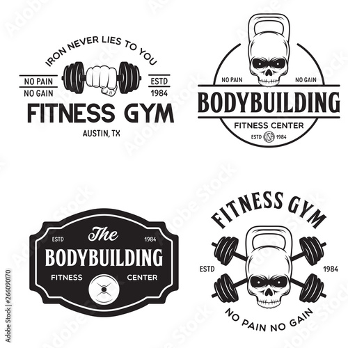 Set of monochrome fitness emblems, labels, badges and designed elements. Vintage bodybuilding logo templates.
