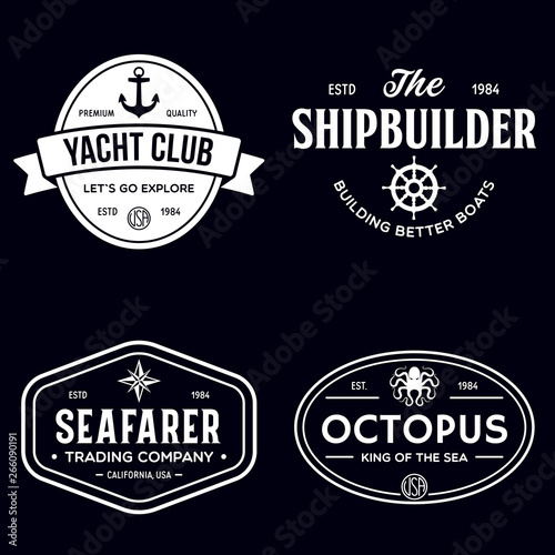 Set of sea and nautical typography badges and design elements. Templates for company logo. Marine cruise, yacht club, trading companym, shipbuilding and other themes.