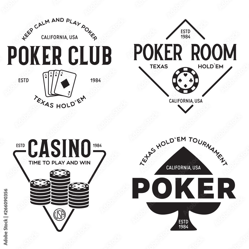 Poker related labels emblems badges design elements set. Texas holdem poker club tournament logotype collection. Poker related labels emblems badges design elements set. Texas holdem poker club tournament logotype collection.