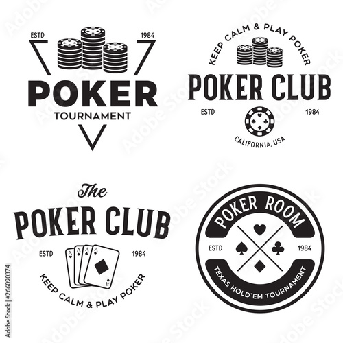 Poker related labels emblems badges design elements set. Texas holdem poker club tournament logotype collection.