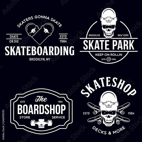 Skateboarding labels badges set. Skate shop logotypes. Design elements for posters, t-shirt prints, emblems.