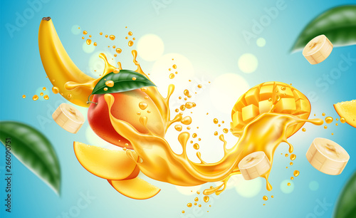 Realistic mango and banana fruit juice advertising with juicy fruit splash with slices, green leaves. Banana slices, mango cubes in juice explosion flow. Vector product package design.