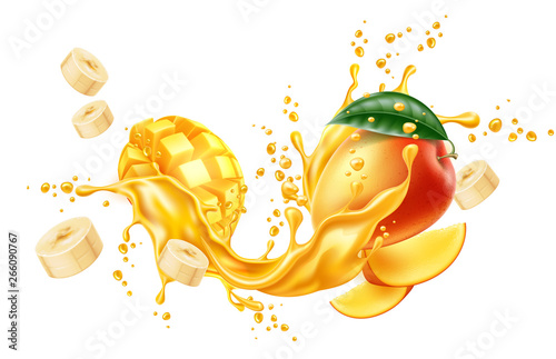 Realistic mango fruits with leaves, banana slices and cubes in juice splash flow. Juicy product package design. Whole mango, half and leaf in fresh swirl motion. Vector natural drink design element.