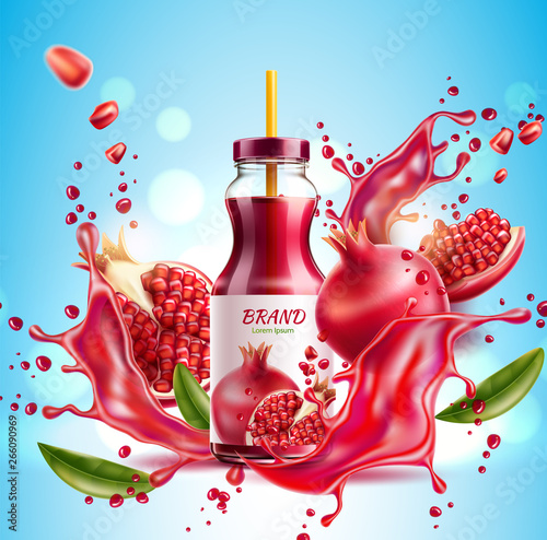 Realistic pomegranate juice package advertising design with bottle and fruits with seeds green leaves on juice splash explosion background. Vector juicy fruit and liquid explosion for product design