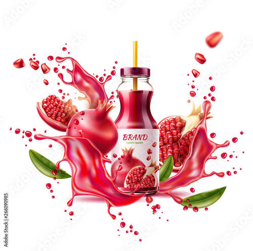 Realistic pomegranate juice package advertising design with bottle and fruits with seeds green leaves on juice splash explosion background. Vector juicy fruit and liquid explosion for product design