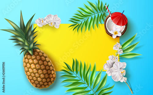 Summer banner with realistic tropical flowers, leaves and fruits. Vector white orchid and juicy pineapple, coconut cocktail on blue frame background. Holiday party, summer vacation design.