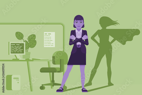 A business woman in her office revealed as super hero by her superhero silhouette shadow