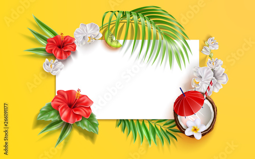 Summer banner with realistic tropical flowers, leaves and fruits. Vector hibiscus, white orchid and coconut cocktails on yellow frame background. Holiday party, summer vacation design.